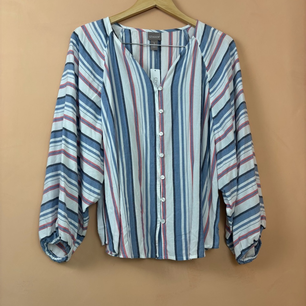 Chico's Women's Striped Raglan Sleeve Top Sz 3 Preppy Casual Lightweight